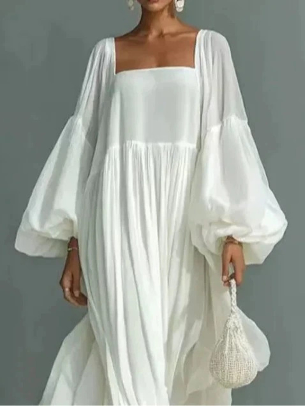 ZARA Chic Flowy Long Square Neck Lantern Sleeve A-Line Dress